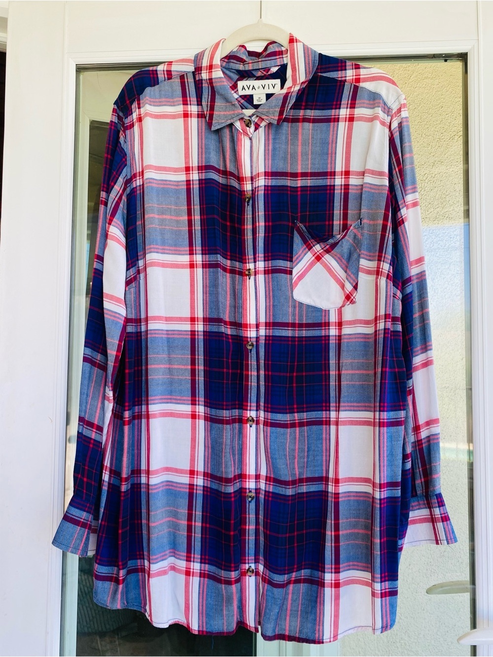 Ava & Viv 3X Plaid Button Front Blouse Top  Blue Pink White Rayon